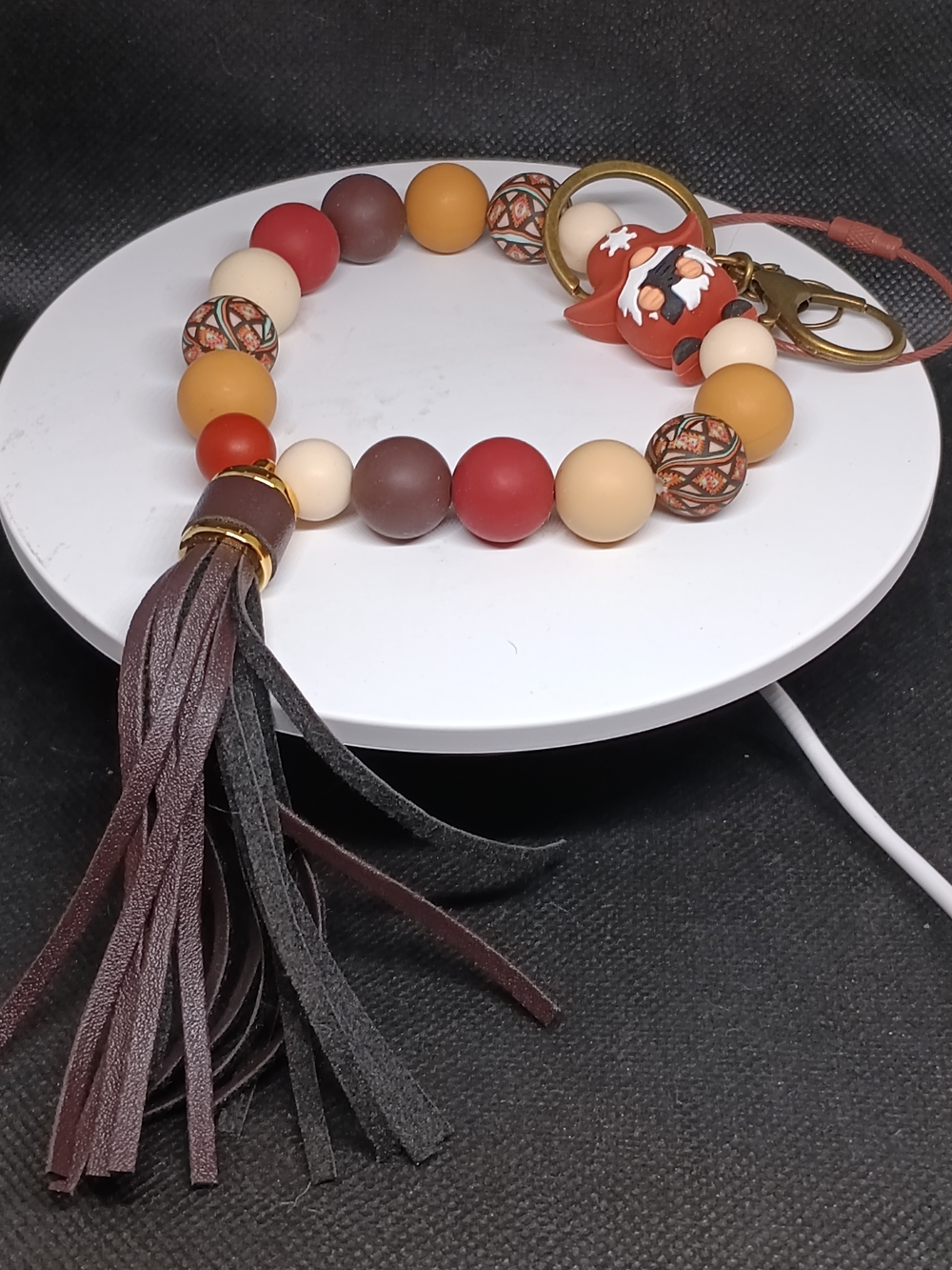 Handmade Multicolor Beaded Tassel Keychain Bracelet - Cream, Red, Mustard, Brown